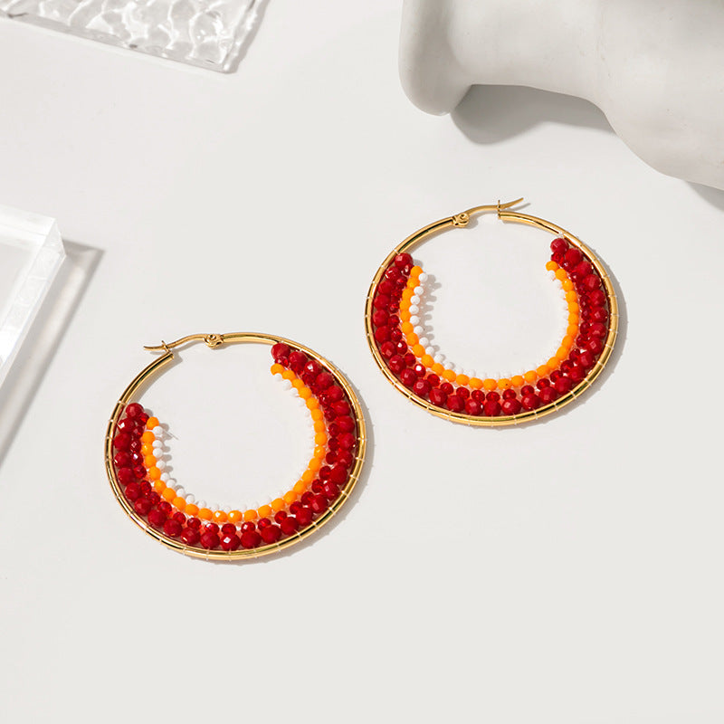 Wholesale Geometric Circle Hand Stitching Pearls Stainless Steel Earrings